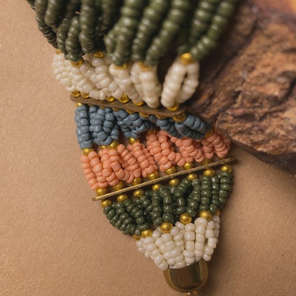 Boho Earth Tone Glass Seed Bead Wide Striped Coral Green Gold Beaded Bracelet - Picture 4 of 11